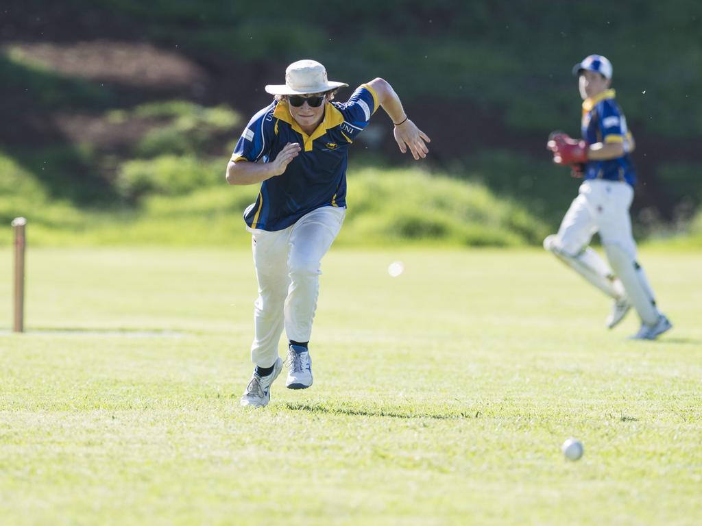 A University Phoenix fielder in action against Souths Crows 2 in Toowoomba Cricket C Grade One Day semi final at Centenary Heights SHS oval, Saturday, December 9, 2023. Picture: Kevin Farmer