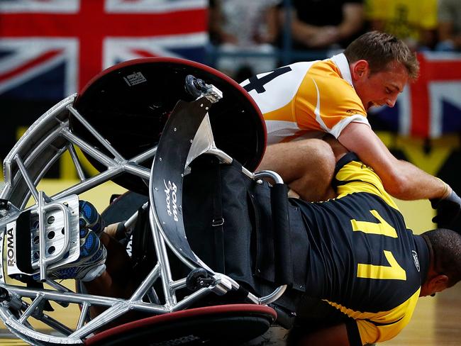 Dean Mumm competes in the wheelchair rugby exhibition. Picture: Zak Kaczmarek/Getty Images for the Invictus Games Foundation