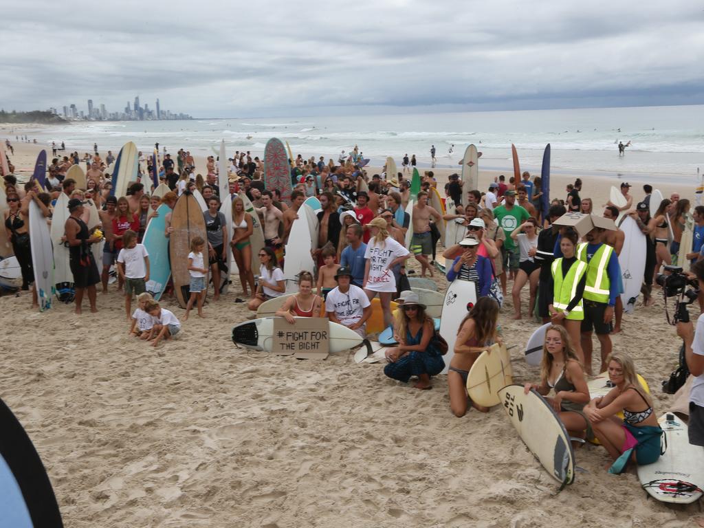 Protest at Burleigh against an oil company drilling in the Great Australian Bight. Pic Mike Batterham.