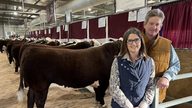 Peter and Deanne Sykes from Mawarra at Longford who won all championships at Hereford National Show and Sale.