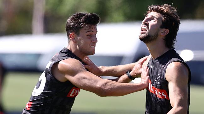 Josh Daicos and Nick Daicos of the Magpies battle at Collngwood training. Picture by Michael Klein