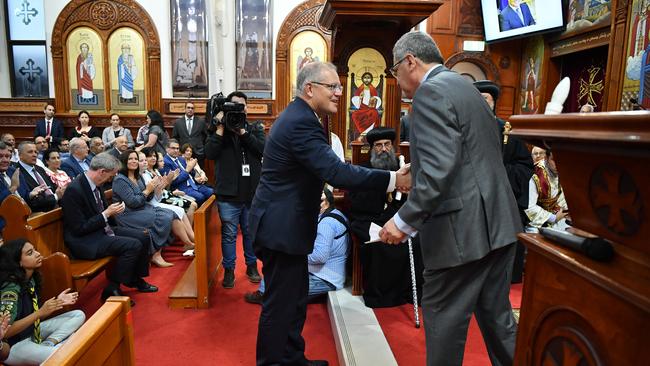 Prime Minister Scott Morrison during Mass at St Mark Coptic Orthodox Church at Arncliffe in Sydney on Sunday. Picture: AAP/Joel Carrett