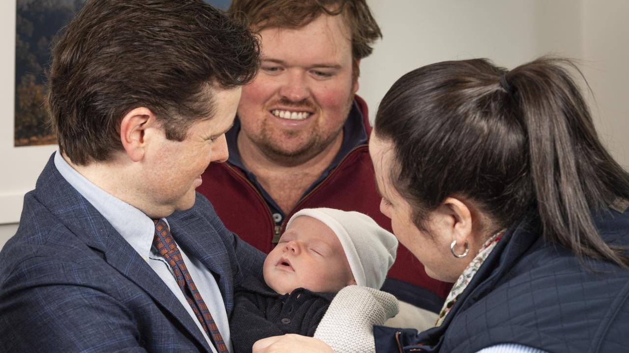 Dr Liam Dunn with new parents Brendan and Lauren Waldron and their six-week-old baby Alfie Waldron, Monday, July 15, 2024. Picture: Kevin Farmer