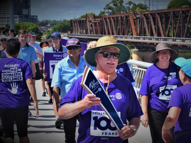 The District 9640 Rotary 100 Baton Relay makes its way over the new Grafton Bridge on Friday, 5th February, 2021. Photo Bill North / The Daily Examiner