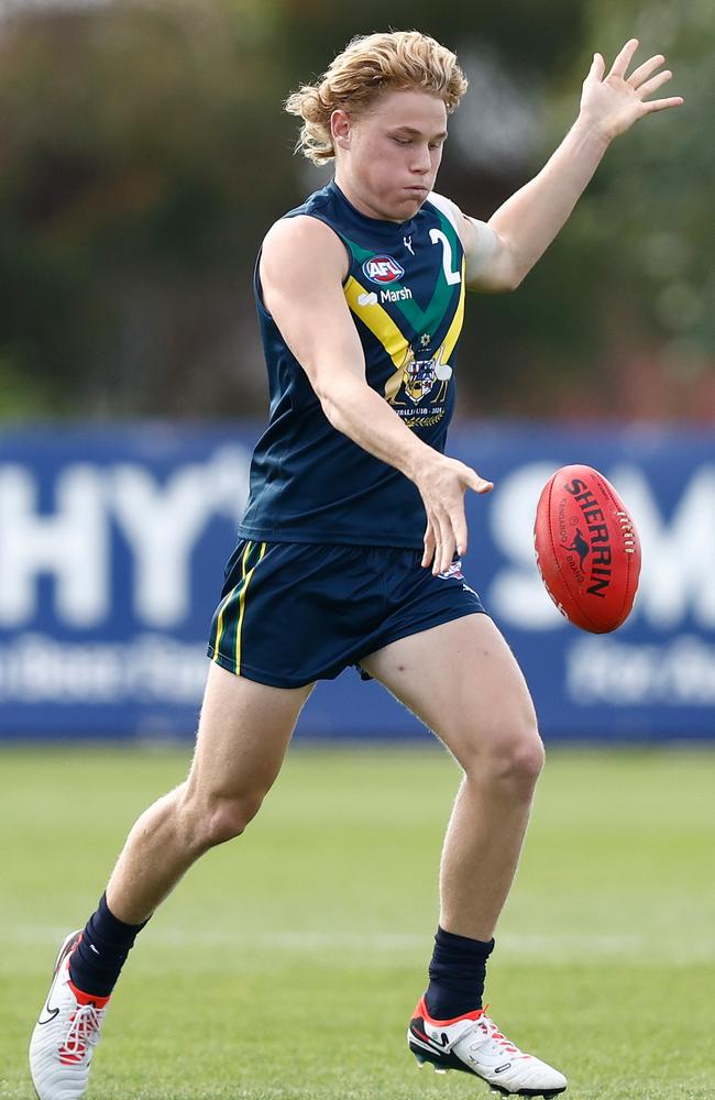 Levi Ashcroft suiting up for the AFL Academy in April. Picture: Michael Willson/AFL Photos via Getty Images.