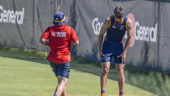 Adelaide defender Jordon Butts after injuring his hamstring. Picture: Roy Van Der Vegt