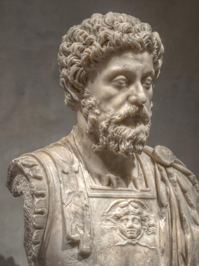 A marble bust of Marcus Aureliu.