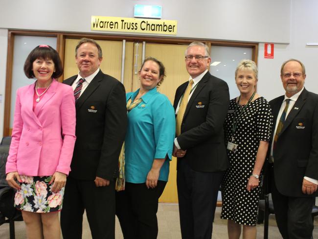 LAST MEETING: Deputy Mayor Kathy Duff, Cr Gavin ' Spud' Jones, Cr Danita Potter, Mayor Keith Campbell, Cr Roz Frohloff and Cr Terry Fleischfresser (Absent: Cr Ros Heit) at the last council meeting before the next local government election. Photo: Laura Blackmore