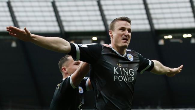 Leicester City's German defender Robert Huth celebrates