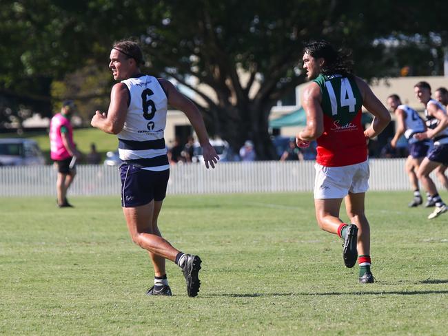 Pictured: Kye Chapple and Jermaine Wardle. Cutters v Crocs Round 12. AFL Cairns 2024. Photo: Gyan-Reece Rocha