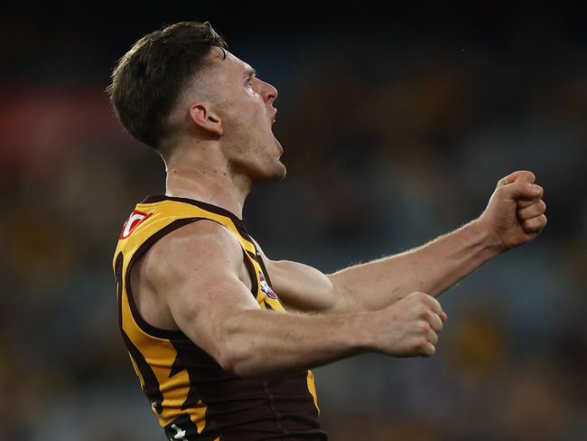 MELBOURNE, AUSTRALIA - AUGUST 05: Jacob Koschitzke of the Hawks celebrates kicking a goal during the round 21 AFL match between Hawthorn Hawks and Collingwood Magpies at Melbourne Cricket Ground, on August 05, 2023, in Melbourne, Australia. (Photo by Daniel Pockett/Getty Images)