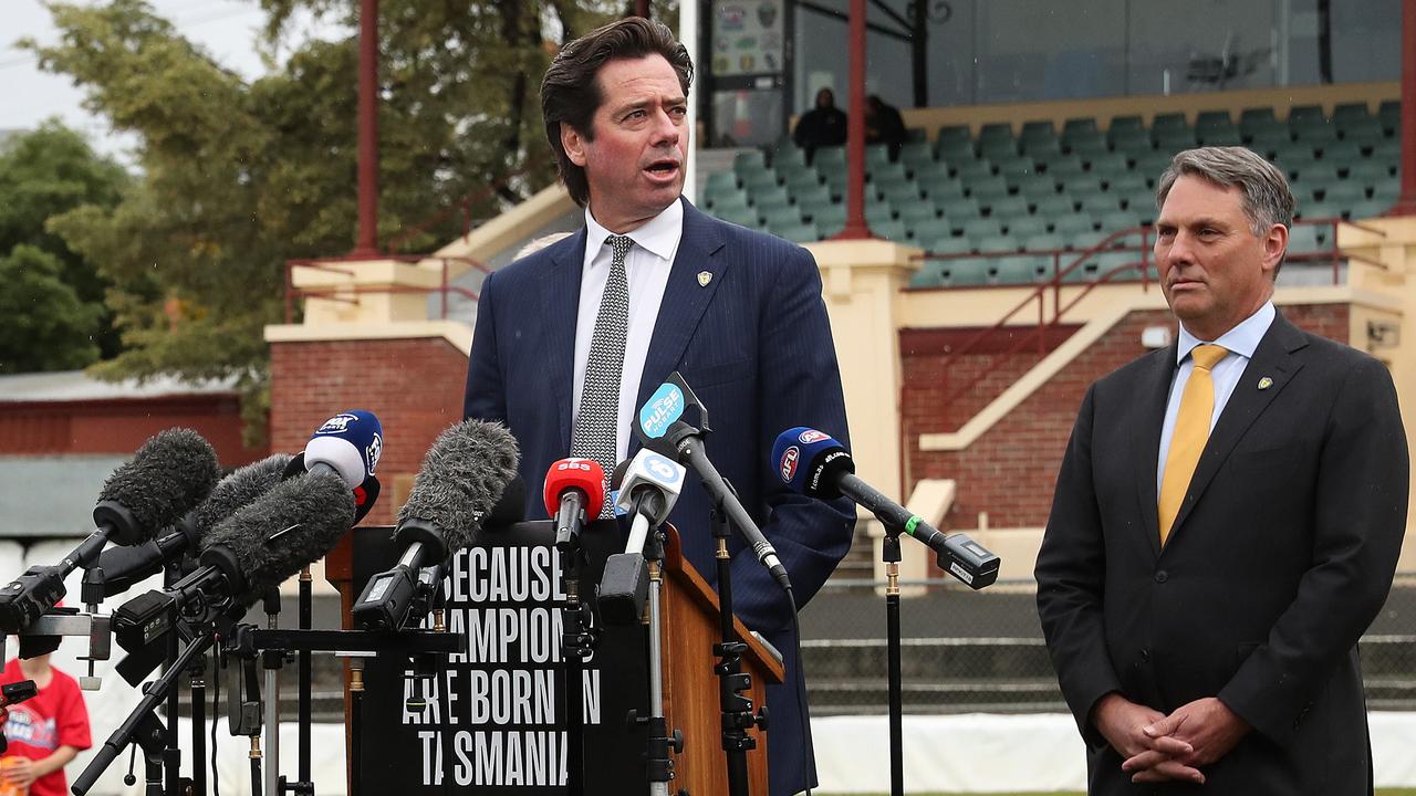 Gillon McLachlan with Richard Marles at the announcement of a Tassie club. Picture: Nikki Davis-Jones