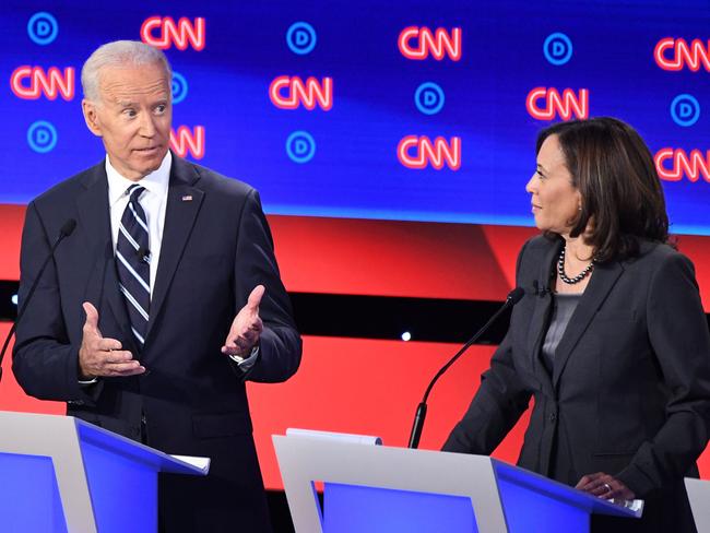 Kamala Harris looks on as Joe Biden speaks during the second round of the second Democratic primary debate of the 2020 presidential campaign season hosted by CNN. Picture: AFP