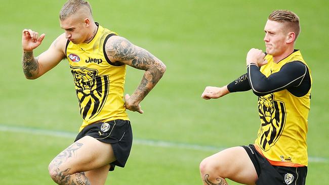 Dustin Martin warms up for Round 1 at Punt Rd today.