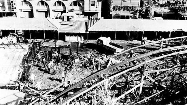 An aerial view of the destroyed ghost train ride at Sydney’s Luna Park. Picture: News Limited