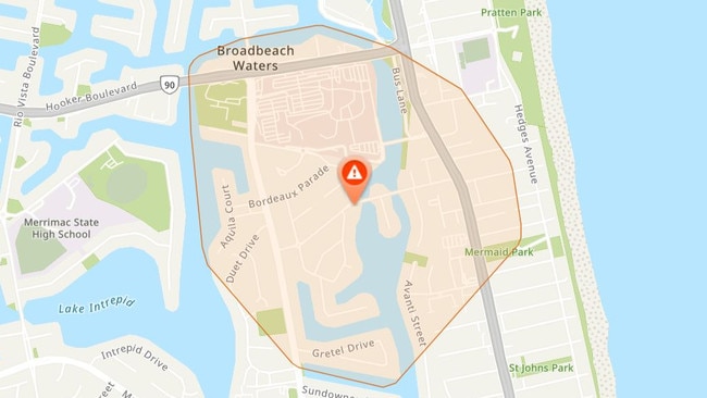 An Energex map showing where a snap power outage is affecting central Gold Coast suburbs Broadbeach and Mermaid