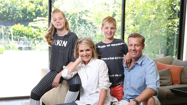 Georgie Gardner at home with her husband, Tim, and kids Bronte and Angus.