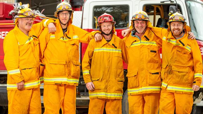 Brave firefighters Phil Davison, Matt Swale, Stu Burley, Alan White and Peter Mansfield of Rosedale CFA. Picture: Mark Stewart