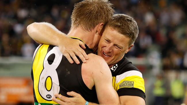 Tigers coach Damien Hardwick hugs Jack Riewoldt after the win. Picture: Getty Images