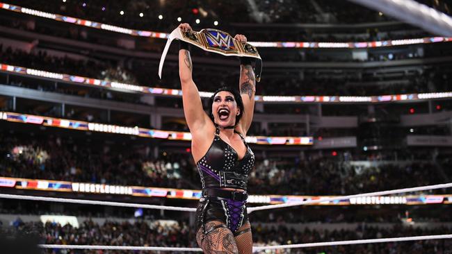 Adelaide’s Rhea Ripley (Demi Bennett) holds the title belt after defeating Charlotte Flair for the WWE Smackdown women's championship during WrestleMania this year. Picture: WWE