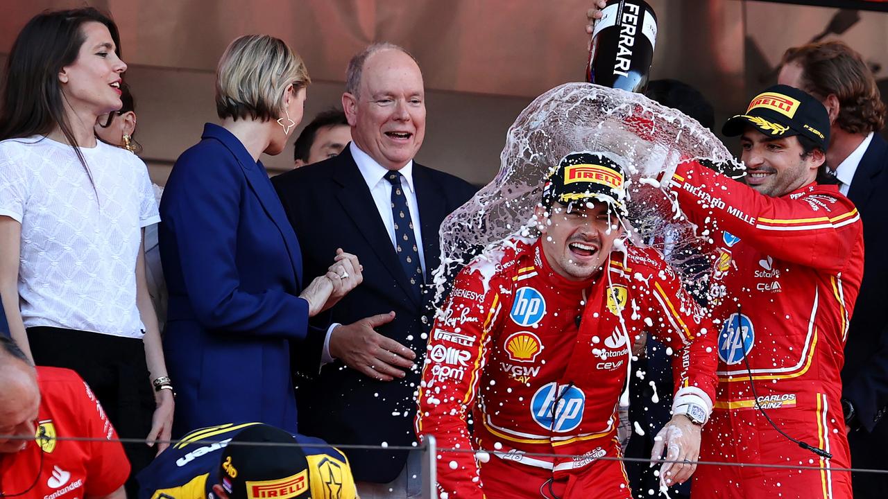 Charles Leclerc celebrates winning his home race at Monaco. (Photo by Ryan Pierse/Getty Images)