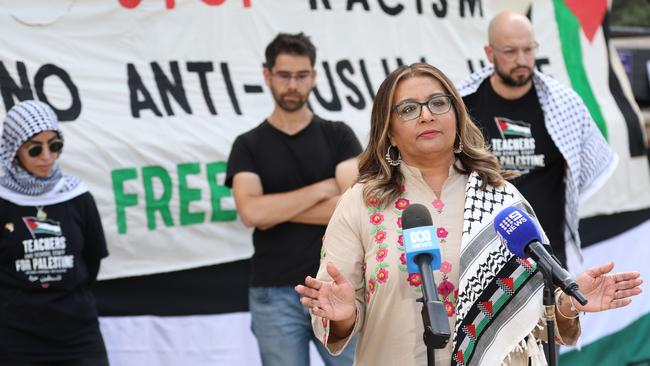 Greens senator Mahreen Faruqi pictured at a press conference at the Teachers & School Staff for Palestine rally. Picture: Damian Shaw