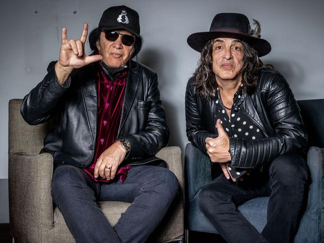 Gene Simmons (left) and Paul Stanley upon arrival in Australia. Picture: Jake Nowakowski