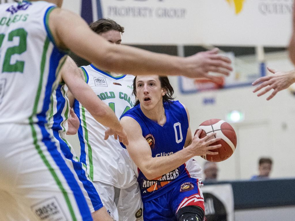 Joshua Allen, Mountaineers. QSL basketball mens, Mountaineers vs Gold Coast Rollers. Friday, June 18, 2021. Picture: Nev Madsen.