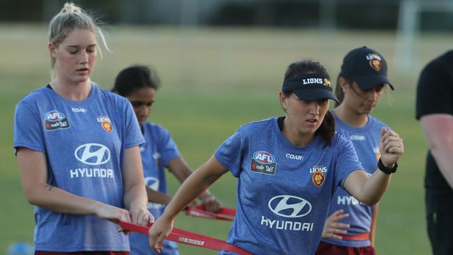 Taylor Harris and Sharni Webb during Brisbane’s first training session.