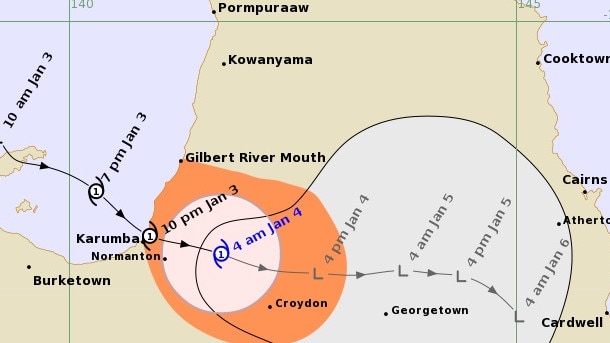 Tropical Cyclone Imogen after making landfall near Karumba. Picture: BOM