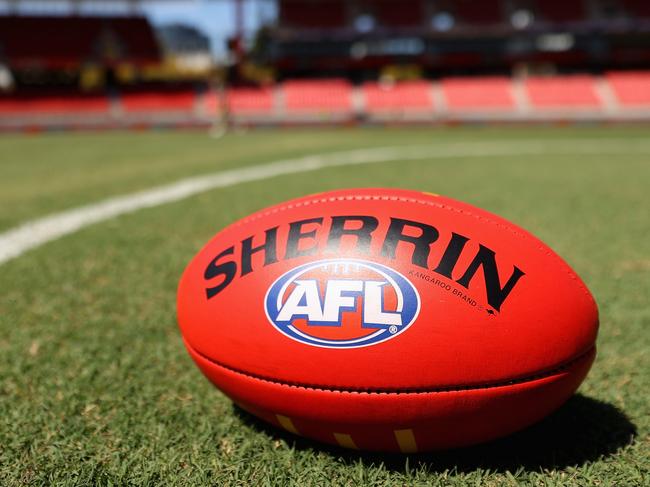SYDNEY, AUSTRALIA - MARCH 19: A match ball Sherrin is seen during the round one AFL match between Greater Western Sydney Giants and Adelaide Crows at GIANTS Stadium, on March 19, 2023, in Sydney, Australia. (Photo by Cameron Spencer/AFL Photos/Getty Images)
