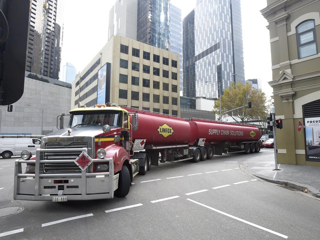 Large vehicles turning left from City Road to Power Street, Southbank, where a B-double hit pedestrians last night. Picture: Andrew Henshaw