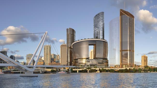 An artist’s impression of the currently under construction Queen’s Wharf, with the residential tower back right and a second residential tower faded behind 1 William St. Picture: Queen’s Wharf.