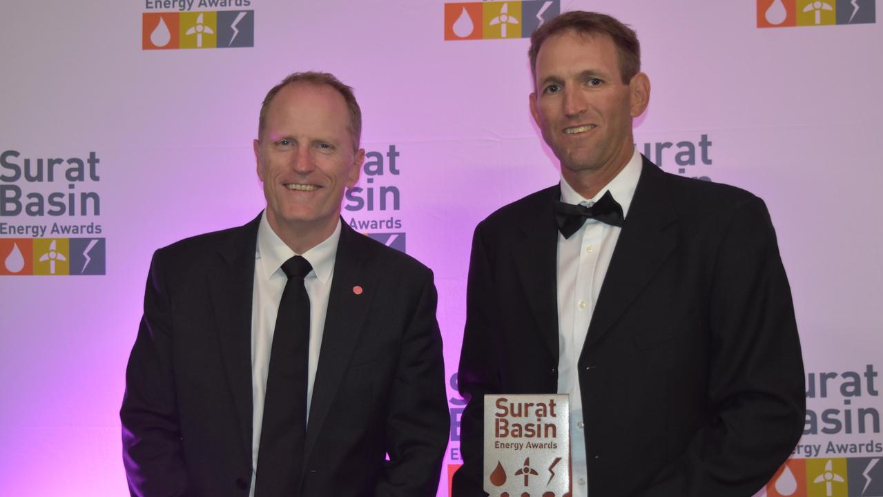 APPEA’s Andrew McConville with Hewitt Cattle’s Ben Hewitt at the 2021 Toowoomba and Surat Basin Enterprise Energy Awards in Dalby. Picture: Sam Turner