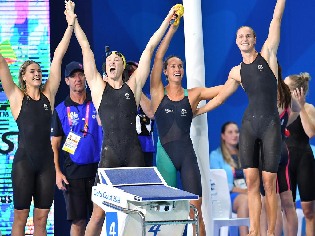 Shayna Jack (L) was part of the gold medal winning Women’s 4 x 100m Freestyle relay at the 2019 Commonwealth Games along with Emma McKeon, Cate Campbell and Bronte Campbell. Picture: Darren England/AAP Images.