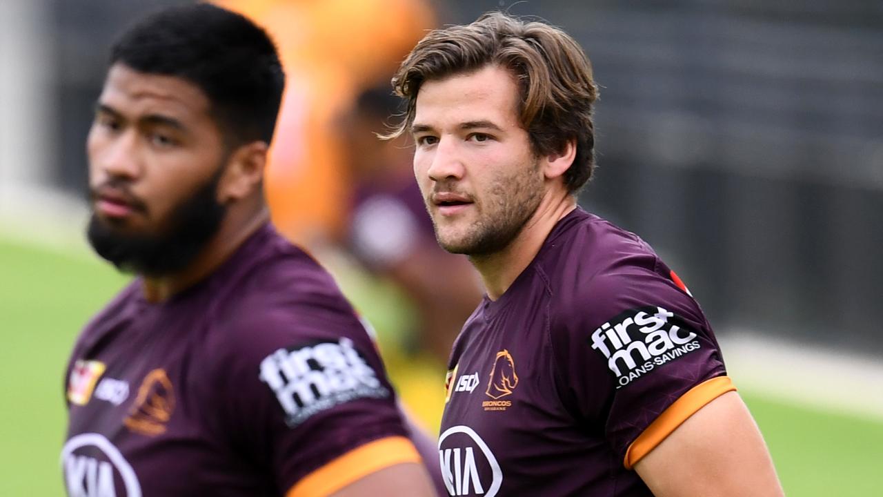 Brisbane Broncos players Payne Haas (left) and Patrick Carrigan are set to take on more responsibility against the Roosters.