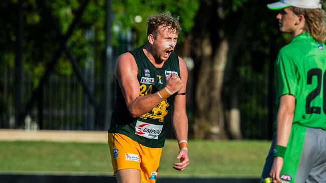 Jackson Calder celebrating a goal for St Mary's against the Tiwi Bombers in Round 6 of the 2024-25 NTFL season. Picture: Pema Tamang Pakhrin