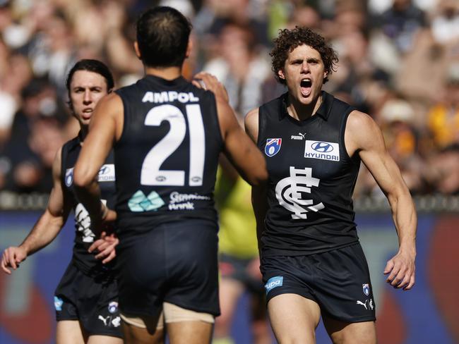 Charlie Curnow, far right, will make his return from an ankle injury in the early rounds of the 2025 AFL season. Picture: Getty Images