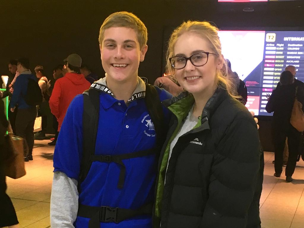 Tim pictured with his older sister Emma on the day he left Melbourne airport for Europe. Picture: Supplied