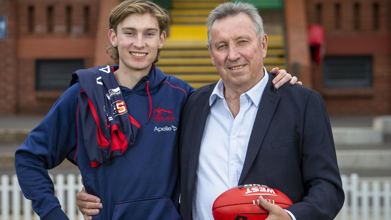 Crows father-son prospect Max Michalanney with his dad, Norwood great Jim Michalanney. Picture: Emma Brasier