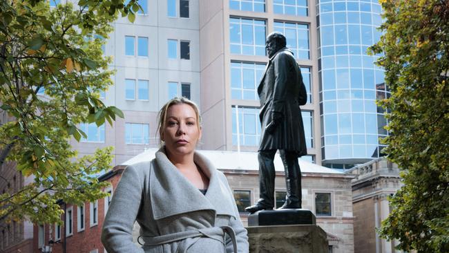 The Tasmanian Aboriginal Centre’s Nala Mansell in Hobart’s Franklin Square, where the statue of William Crowther stands. Picture: Peter Mathew