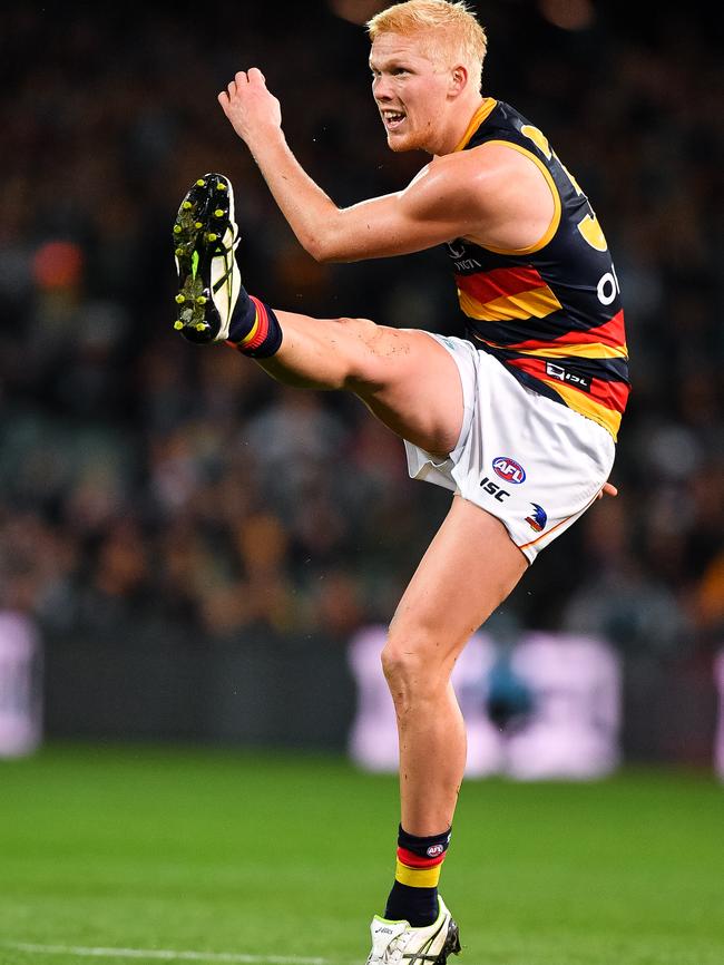Crows Elliott Himmelberg kicks the ball during Showdown 46 at Adelaide Oval. Picture: Daniel Kalisz/Getty