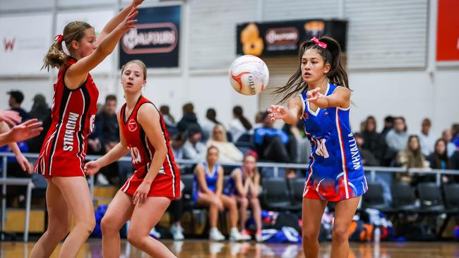 Action between Whyalla and Mid Hills at the Netball SA Country Championships from Netball SA Stadium, Mile End on Monday. Picture: Tom Huntley