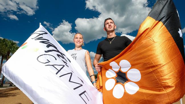 Blake, left, was a flag bearers for the Opening Ceremony of the Arafura Games. Pic Glenn Campbell