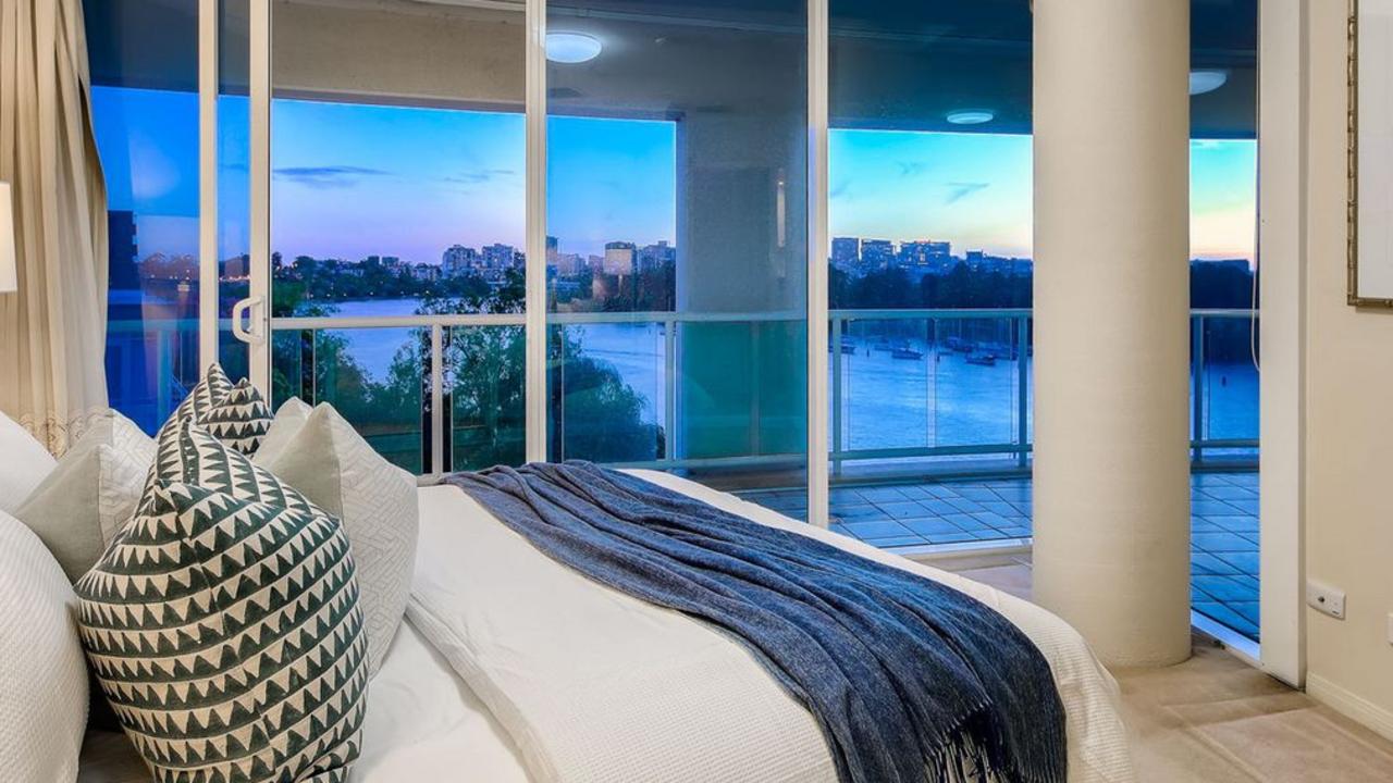 The view from one of the bedrooms in the apartment at 505/21 Pixley St, Kangaroo Point.