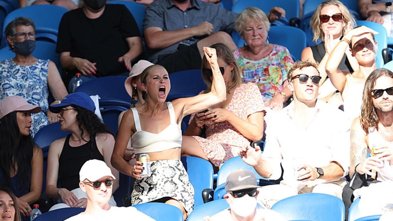 Grace Tame cheers on during the quad wheelchair finals of the Australian Open on Rod Laver Arena at Melbourne Park. Picture: Fiona Hamilton/Tennis Australia