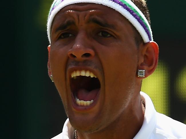 LONDON, ENGLAND - JULY 03: Nick Kyrgios of Australia reacts in his Gentlemen's Singles Third Round match against Milos Raonic of Canada during day five of the Wimbledon Lawn Tennis Championships at the All England Lawn Tennis and Croquet Club on July 3, 2015 in London, England. (Photo by Clive Brunskill/Getty Images)