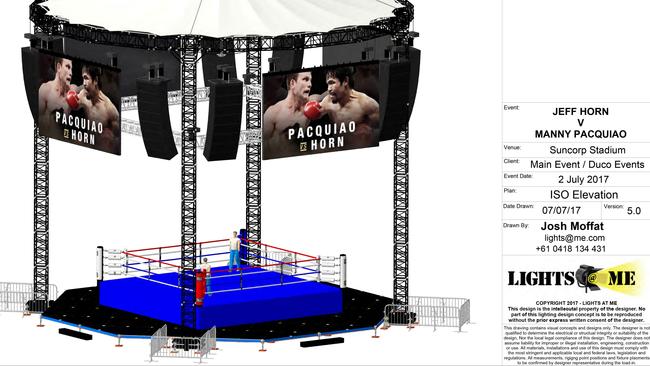 Sketches showing the boxing ring layout at Suncorp Stadium for the Jeff Horn v Manny Pacquiao title fight.