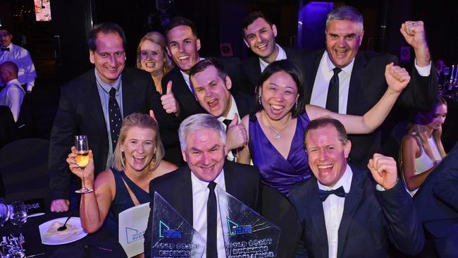 Peter Bolger and the team from Pivotel celebrate after winning Business of the Year at Gold Coast Business Excellence Awards Gala Ball at The Star Gold Coast. Picture: Regina King