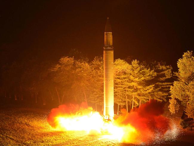 The launch of a Hwasong-14 intercontinental ballistic missile at an undisclosed location in North Korea. Picture: Korean Central News Agency/Korea News Service via AP